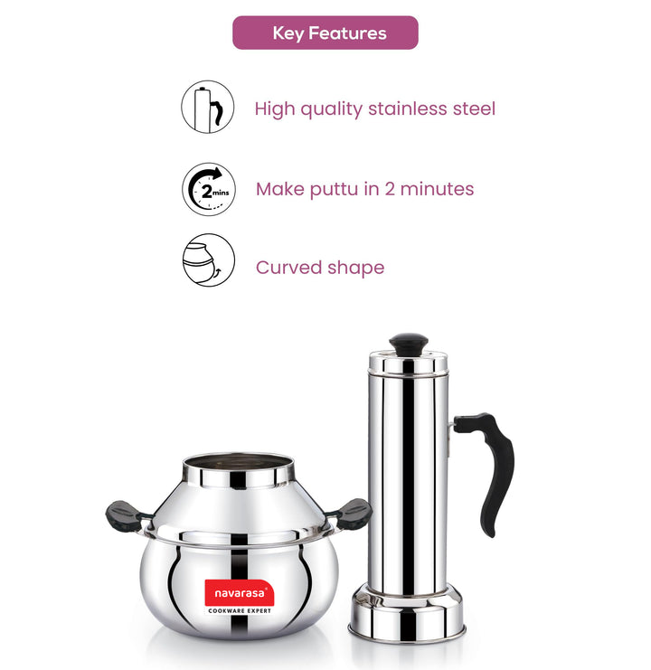 Navarasa Puttu Maker | Puttu Kudam | Stainless Steel | 1.8 L - Induction Compatible