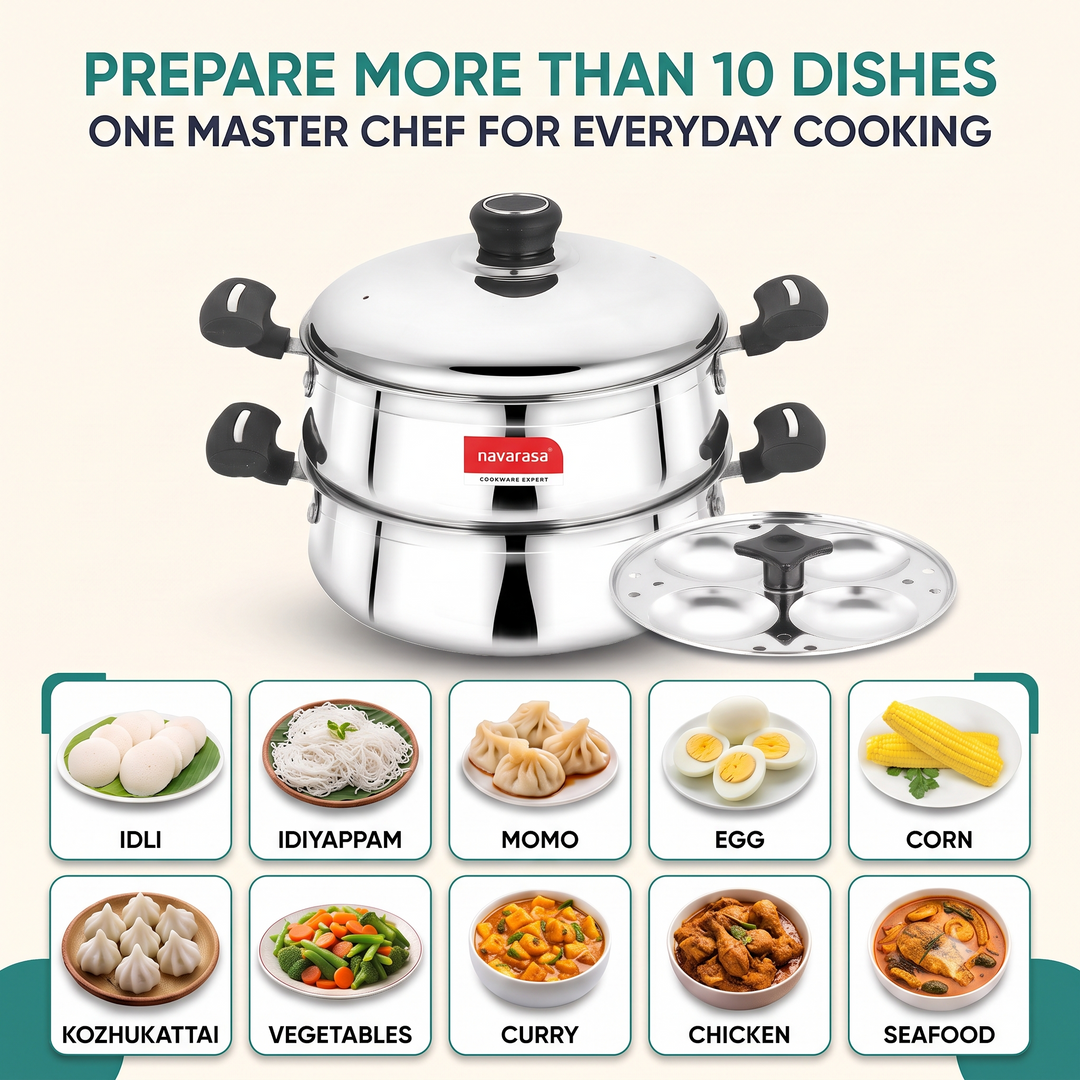 Navarasa Steam Craft Elite 3 in 1 | Heavy Cookpot, Steamer with Idly Plates Stainless Steel 2.8 L Momo Maker/Idiyappam/Vegetable Steaming - Induction Compatible