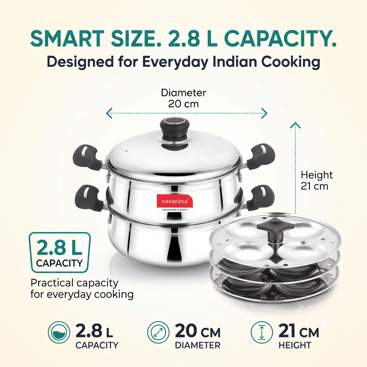 Navarasa Steam Craft Elite 3 in 1 | Heavy Cookpot, Steamer with Idly Plates Stainless Steel 2.8 L Momo Maker/Idiyappam/Vegetable Steaming - Induction Compatible