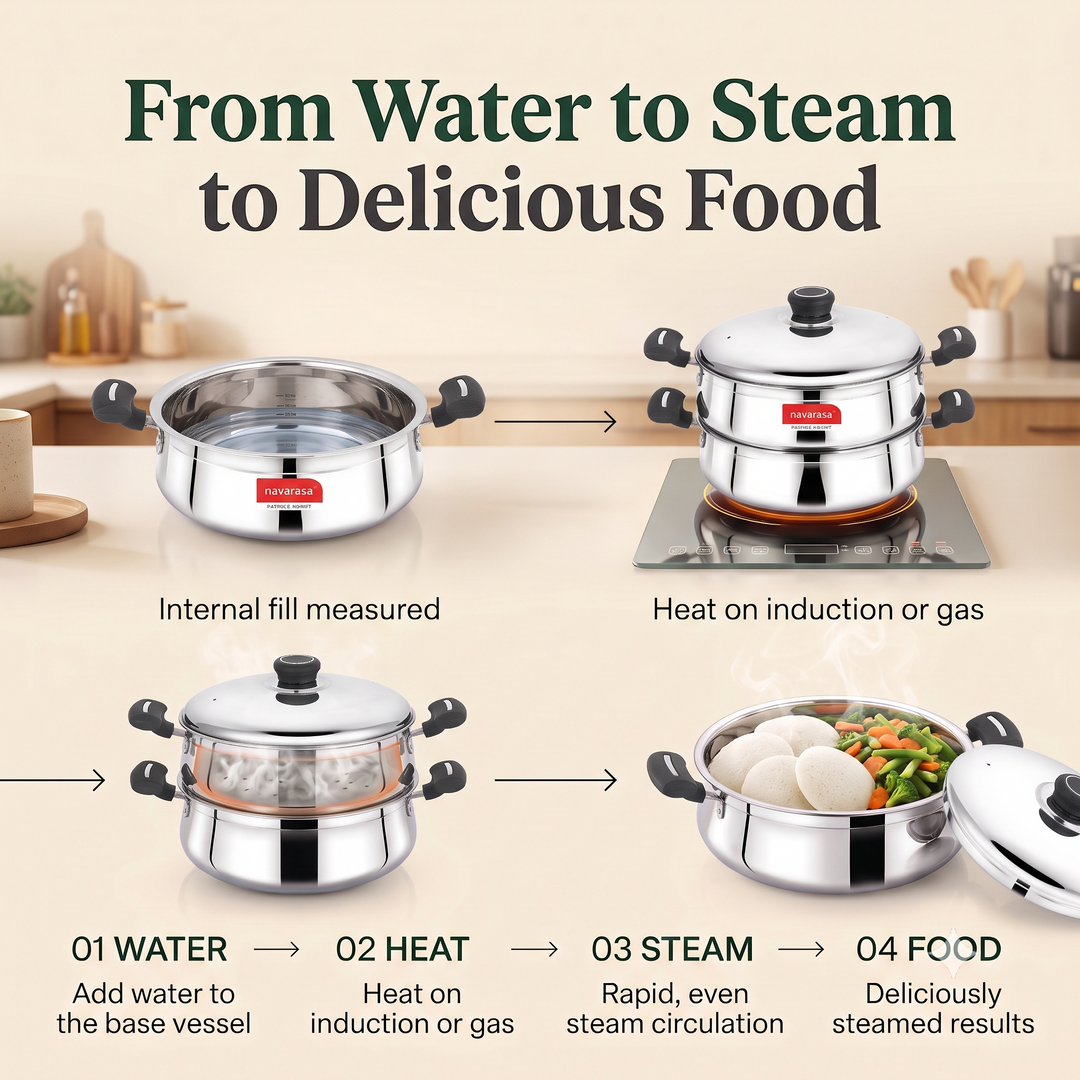 Navarasa Steam Craft Elite 3 in 1 | Heavy Cookpot, Steamer with Idly Plates Stainless Steel 2.8 L Momo Maker/Idiyappam/Vegetable Steaming - Induction Compatible