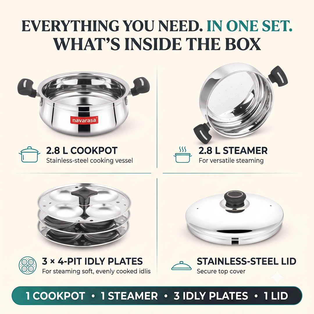 Navarasa Steam Craft Elite 3 in 1 | Heavy Cookpot, Steamer with Idly Plates Stainless Steel 2.8 L Momo Maker/Idiyappam/Vegetable Steaming - Induction Compatible