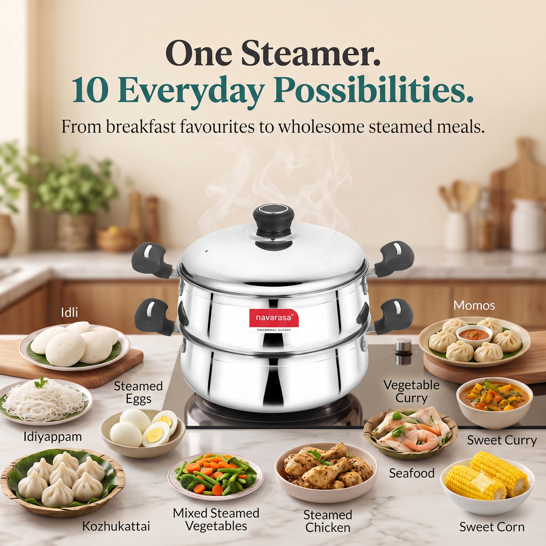 Navarasa Steam Craft Elite 3 in 1 | Heavy Cookpot, Steamer with Idly Plates Stainless Steel 2.8 L Momo Maker/Idiyappam/Vegetable Steaming - Induction Compatible
