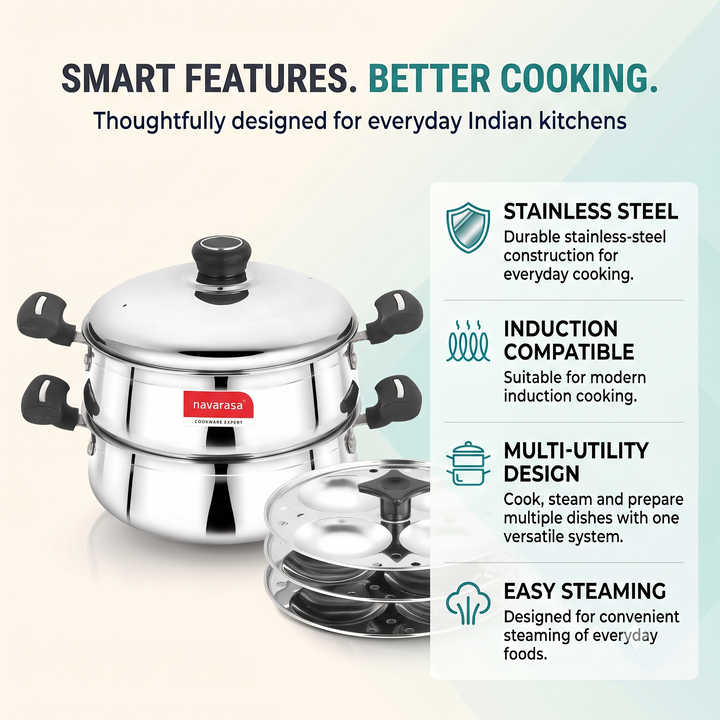 Navarasa Steam Craft Elite 3 in 1 | Heavy Cookpot, Steamer with Idly Plates Stainless Steel 2.8 L Momo Maker/Idiyappam/Vegetable Steaming - Induction Compatible