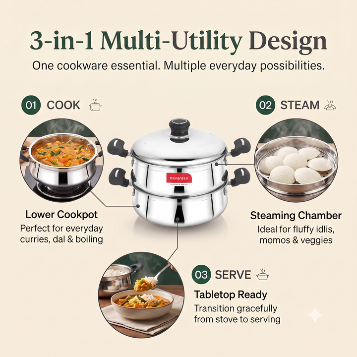 Navarasa Steam Craft Elite 3 in 1 | Heavy Cookpot, Steamer with Idly Plates Stainless Steel 2.8 L Momo Maker/Idiyappam/Vegetable Steaming - Induction Compatible