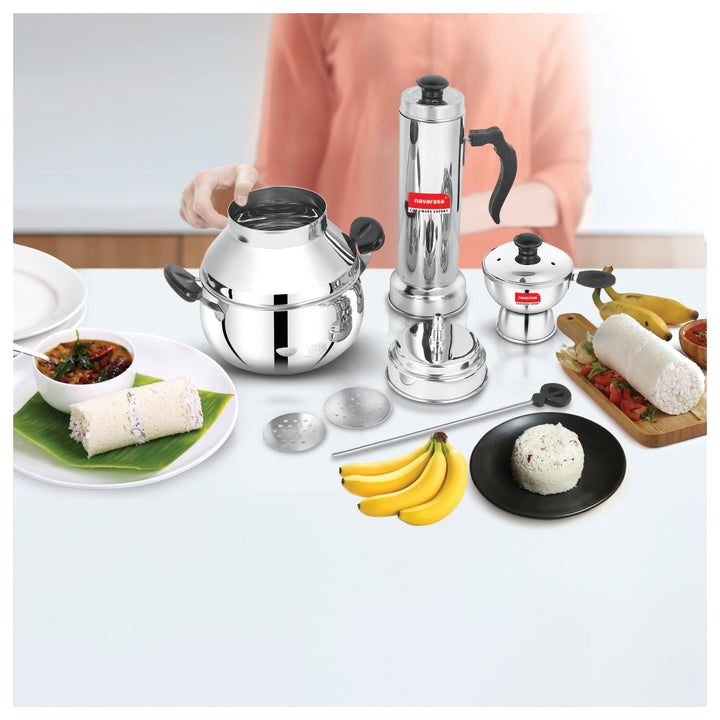 Two-in-One Puttu Cooker | Stainless Steel Navarasa Puttu Kudam with Double Handle | Induction Compatible