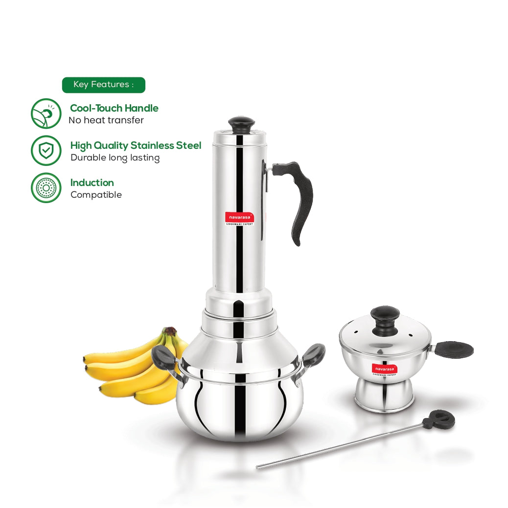 Two-in-One Puttu Cooker | Stainless Steel Navarasa Puttu Kudam with Double Handle | Induction Compatible