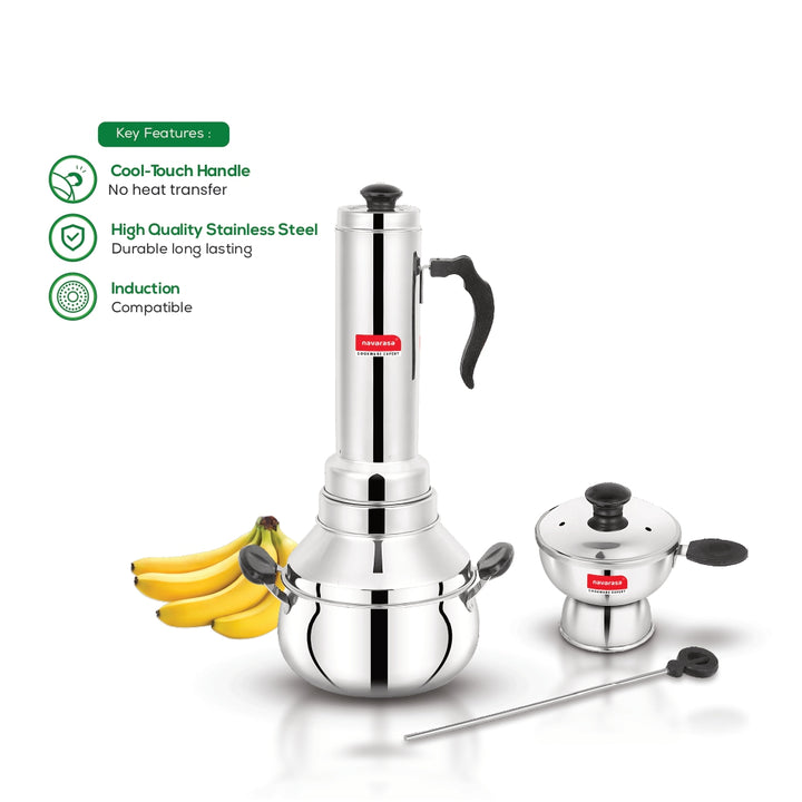 Two-in-One Puttu Cooker | Stainless Steel Navarasa Puttu Kudam with Double Handle | Induction Compatible