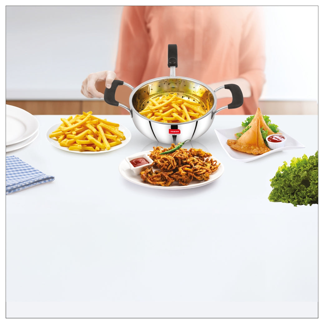 Navarasa Stainless Steel Deep Kadai Fryer | 1.9 L & 1.8 L | Easy Drain Basket | Induction Compatible
