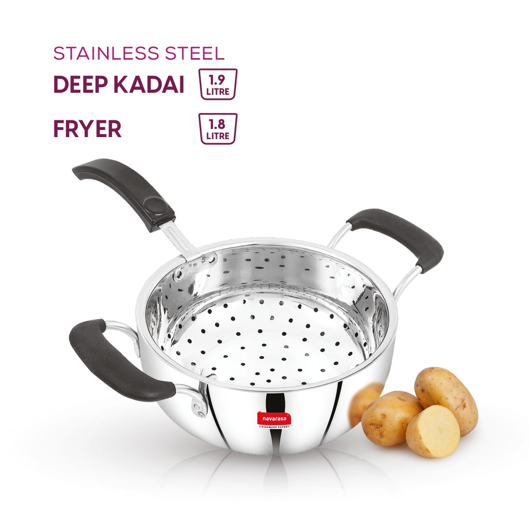 Navarasa Stainless Steel Deep Kadai Fryer | 1.9 L & 1.8 L | Easy Drain Basket | Induction Compatible