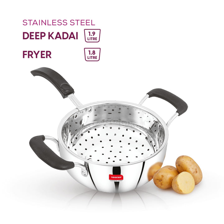 Navarasa Stainless Steel Deep Kadai Fryer | 1.9 L & 1.8 L | Easy Drain Basket | Induction Compatible