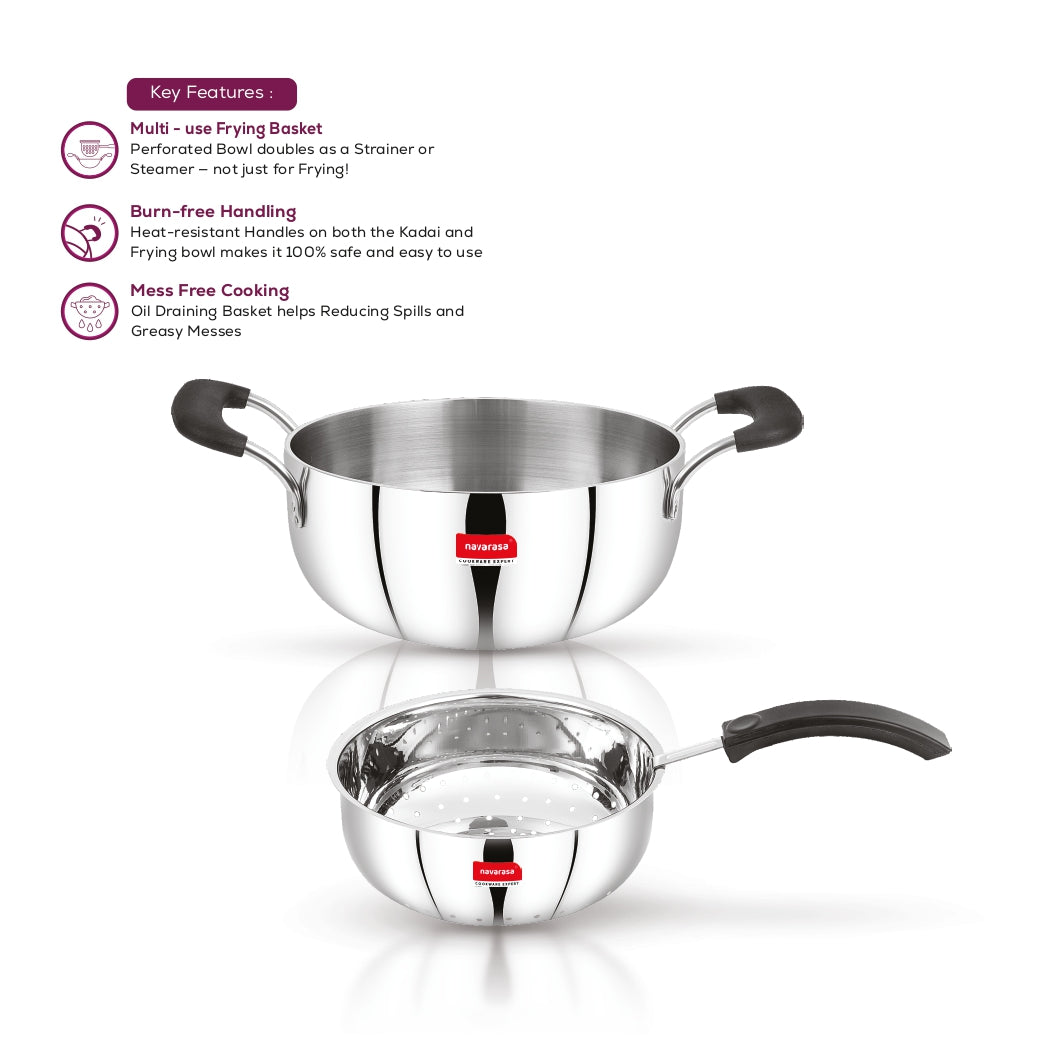 Navarasa Stainless Steel Deep Kadai Fryer | 1.9 L & 1.8 L | Easy Drain Basket | Induction Compatible