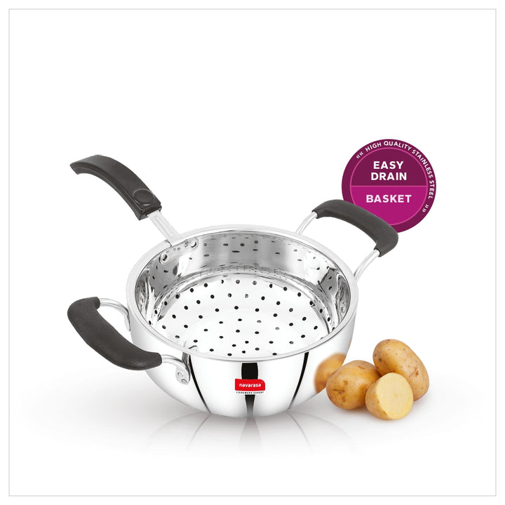 Navarasa Stainless Steel Deep Kadai Fryer | 1.9 L & 1.8 L | Easy Drain Basket | Induction Compatible