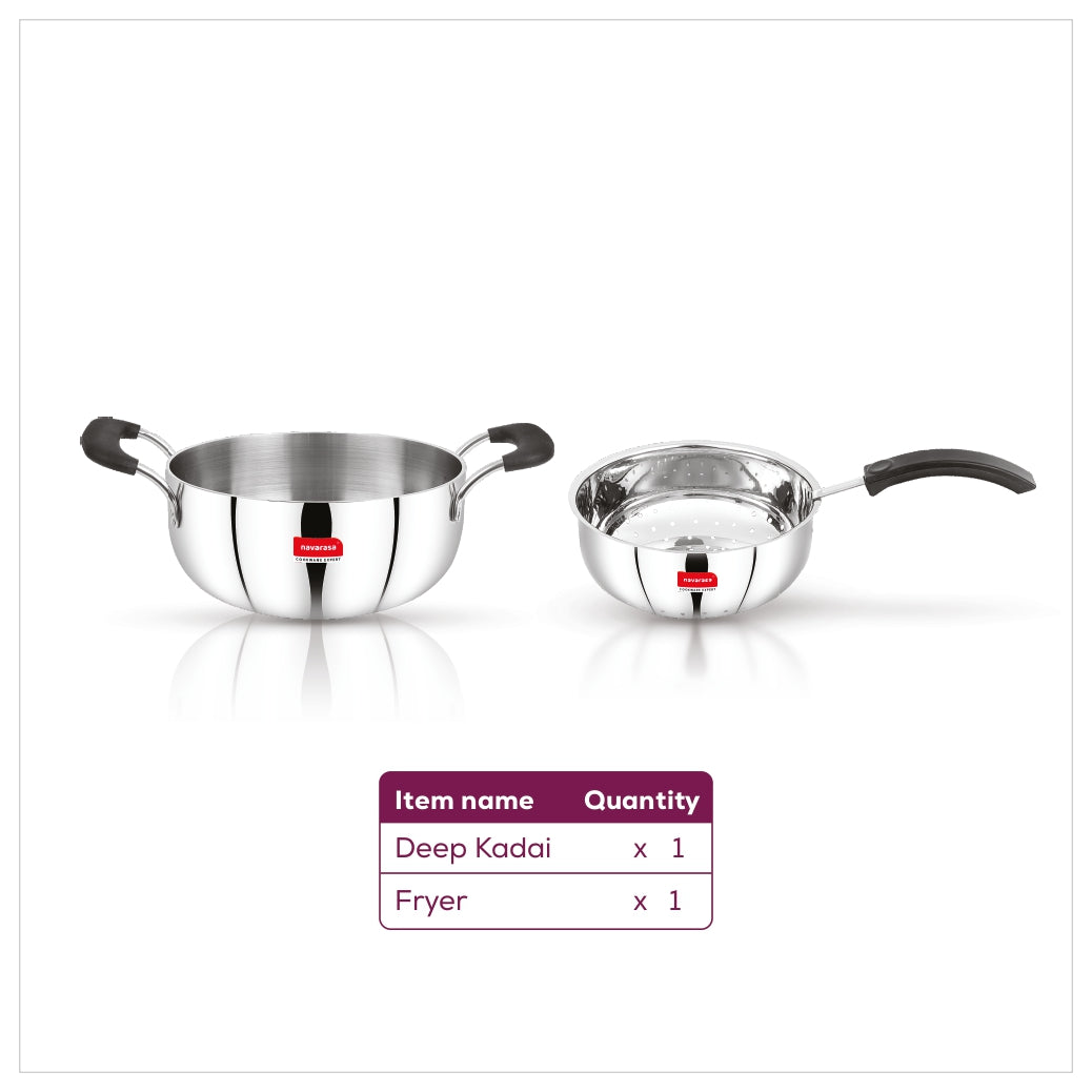 Navarasa Stainless Steel Deep Kadai Fryer | 1.9 L & 1.8 L | Easy Drain Basket | Induction Compatible