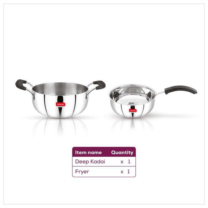 Navarasa Stainless Steel Deep Kadai Fryer | 1.9 L & 1.8 L | Easy Drain Basket | Induction Compatible