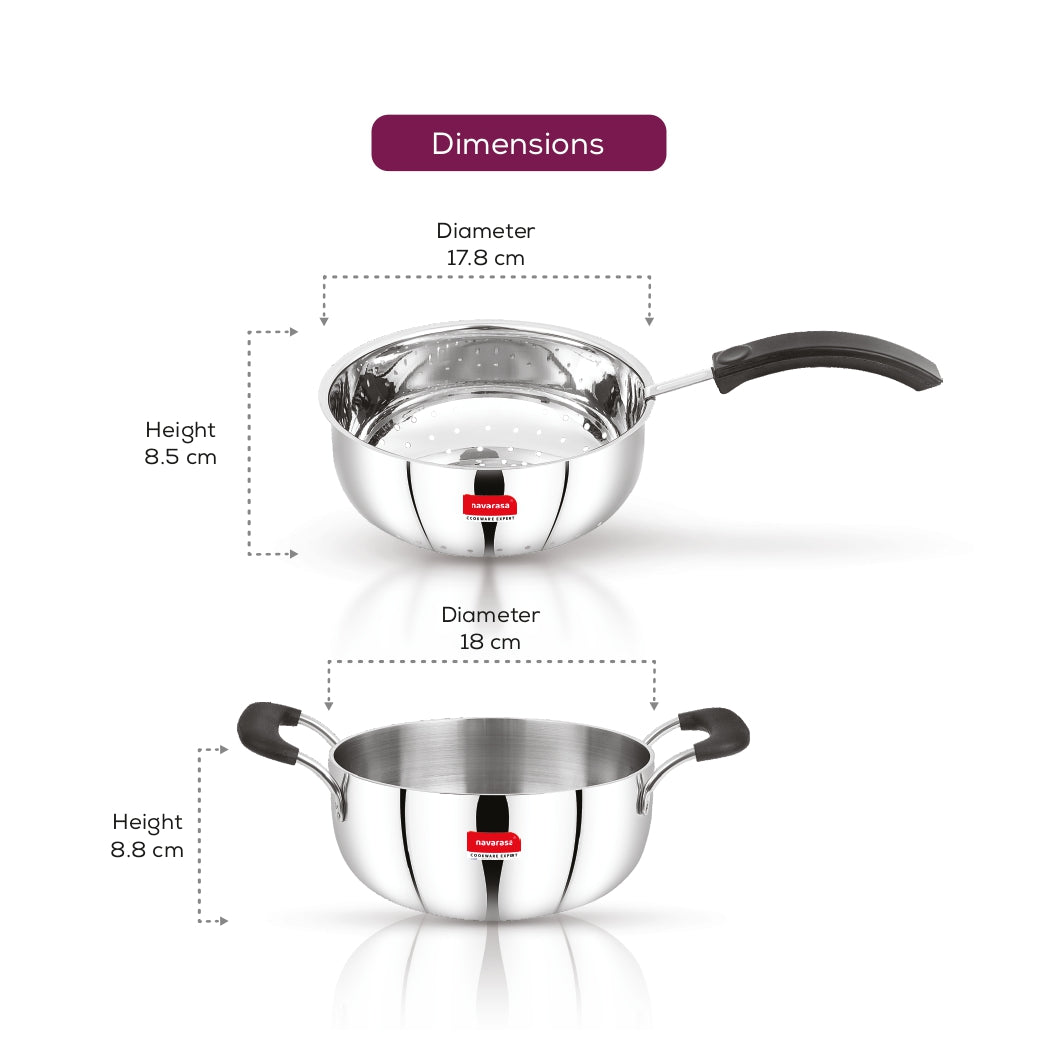 Navarasa Stainless Steel Deep Kadai Fryer | 1.9 L & 1.8 L | Easy Drain Basket | Induction Compatible