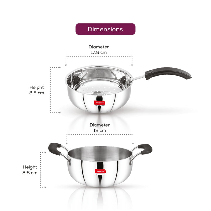 Navarasa Stainless Steel Deep Kadai Fryer | 1.9 L & 1.8 L | Easy Drain Basket | Induction Compatible