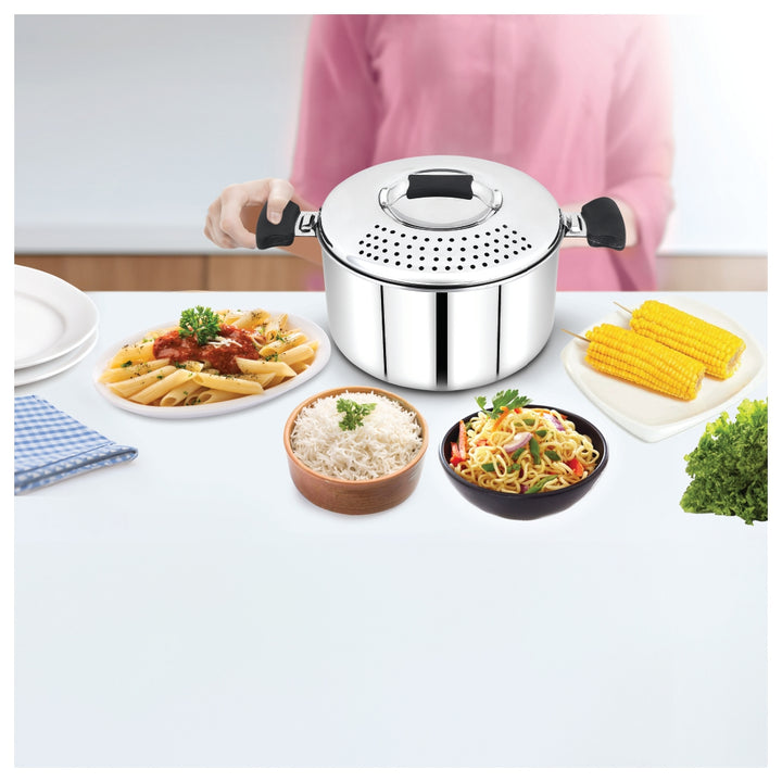 Navarasa SS Rice / Pasta Drainer Pot | 20.5cm with Lid | Stainless Steel | 3.7 L - Induction Compatible