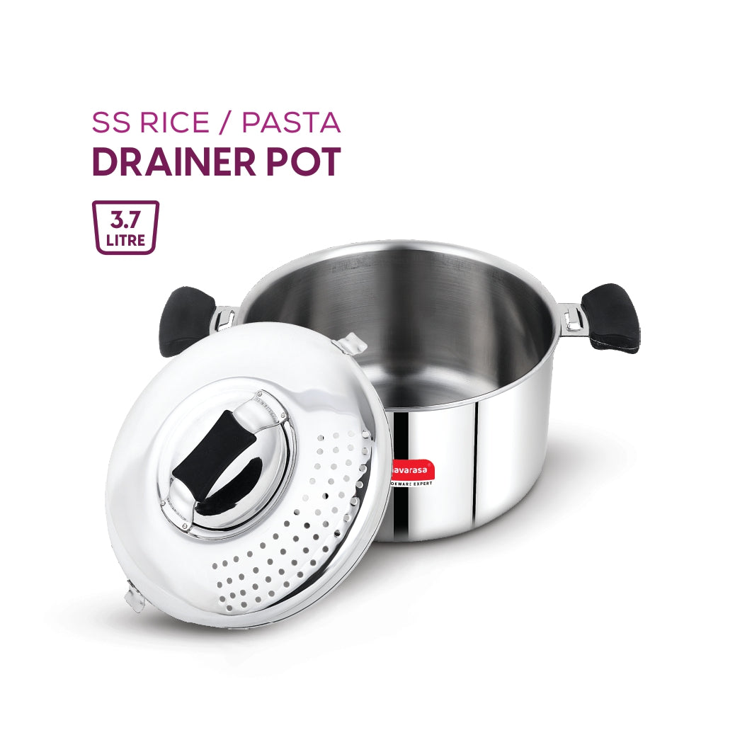 Navarasa SS Rice / Pasta Drainer Pot | 20.5cm with Lid | Stainless Steel | 3.7 L - Induction Compatible