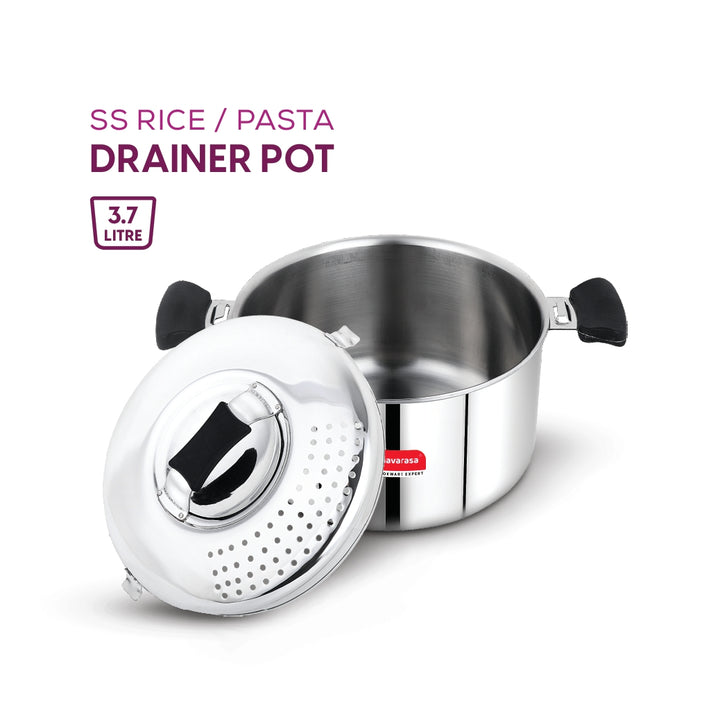 Navarasa SS Rice / Pasta Drainer Pot | 20.5cm with Lid | Stainless Steel | 3.7 L - Induction Compatible