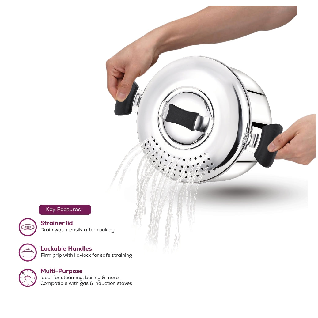 Navarasa SS Rice / Pasta Drainer Pot | 20.5cm with Lid | Stainless Steel | 3.7 L - Induction Compatible
