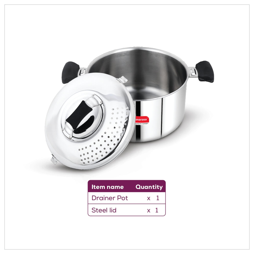 Navarasa SS Rice / Pasta Drainer Pot | 20.5cm with Lid | Stainless Steel | 3.7 L - Induction Compatible