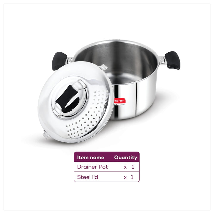 Navarasa SS Rice / Pasta Drainer Pot | 20.5cm with Lid | Stainless Steel | 3.7 L - Induction Compatible