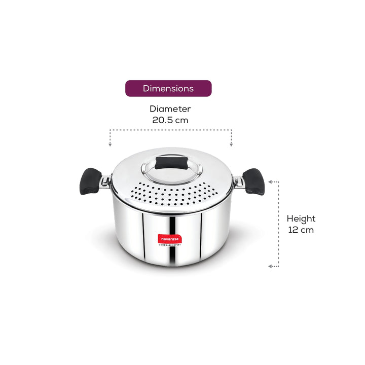 Navarasa SS Rice / Pasta Drainer Pot | 20.5cm with Lid | Stainless Steel | 3.7 L - Induction Compatible