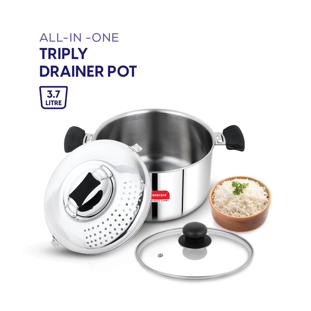 Navarasa Triply All-in-One Pot | Drainer Pot with Glass Lid | Stainless Steel | 3.7 L - Induction Compatible