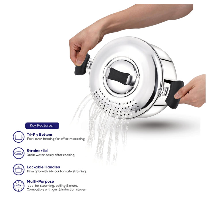 Navarasa Triply All-in-One Pot | Drainer Pot with Glass Lid | Stainless Steel | 3.7 L - Induction Compatible