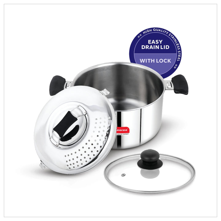 Navarasa Triply All-in-One Pot | Drainer Pot with Glass Lid | Stainless Steel | 3.7 L - Induction Compatible