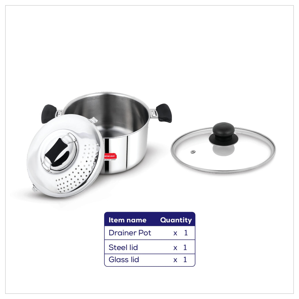Navarasa Triply All-in-One Pot | Drainer Pot with Glass Lid | Stainless Steel | 3.7 L - Induction Compatible