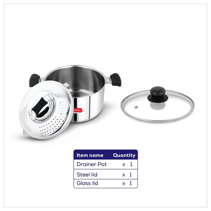 Navarasa Triply All-in-One Pot | Drainer Pot with Glass Lid | Stainless Steel | 3.7 L - Induction Compatible