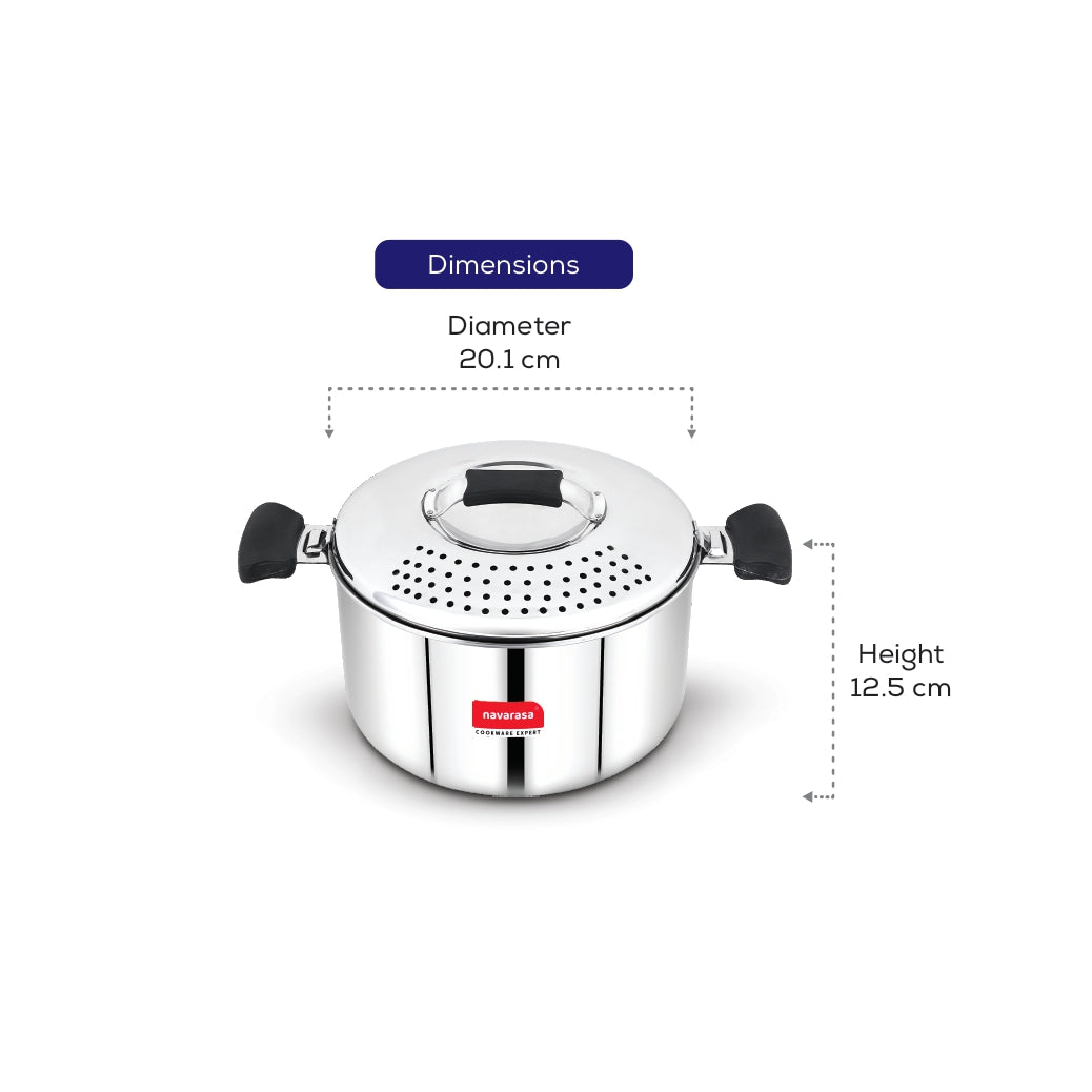 Navarasa Triply All-in-One Pot | Drainer Pot with Glass Lid | Stainless Steel | 3.7 L - Induction Compatible